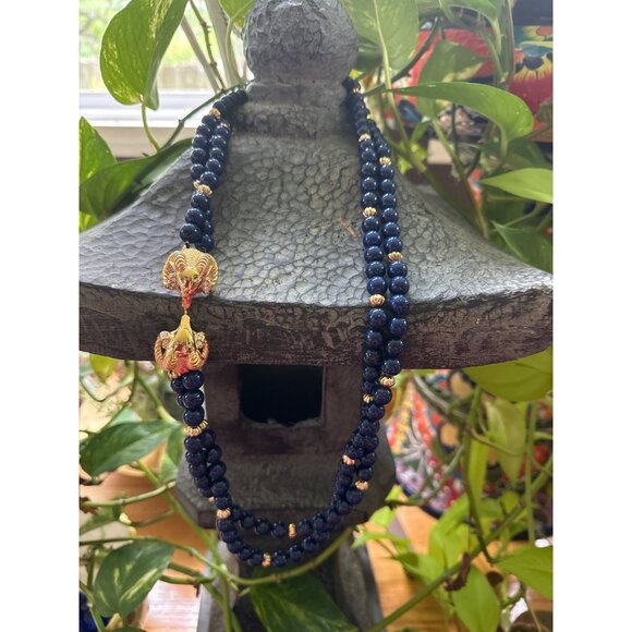 KJL For Avon Double Rams Heads Gold-Tone Necklace With Blue Beads - Picture 2 of 8